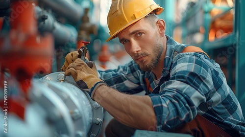 Working man examine PVC unclog pipes. Generative AI. photo