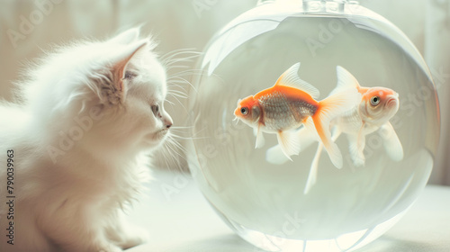 Cute little white fluffy kitten sitting in front of an aquarium staring at swimming goldfish. Focused expression