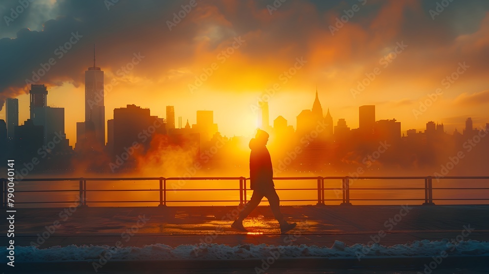 Ambitious Early Morning Stride Through Iconic Urban Skyline During Radiant Sunrise or Sunset