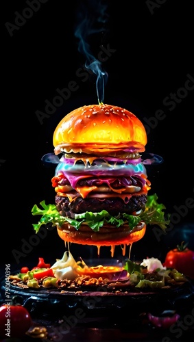 photorealistic Design of levitating unassembled Big burger on black background photo