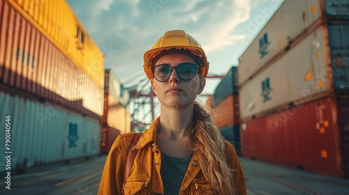 Worker woman standing outside of a shipping yard, coastal and harbor views. Generative AI.