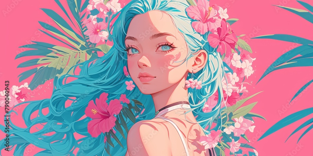 A beautiful woman, with a pink background featuring flowers and leaves, teal hair