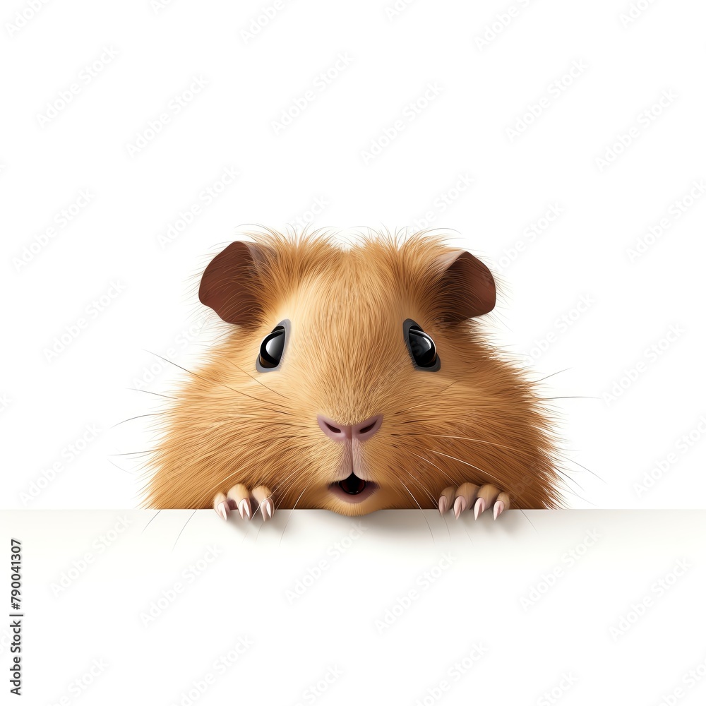 Fototapeta premium Guinea pig peering forward, small and endearing, simple white background to highlight its gentle features and smooth coat
