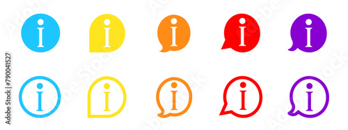 Information vector color icons of vision bulbs with letter I isolated on white background. Colored bubbles pointers information icons signs.