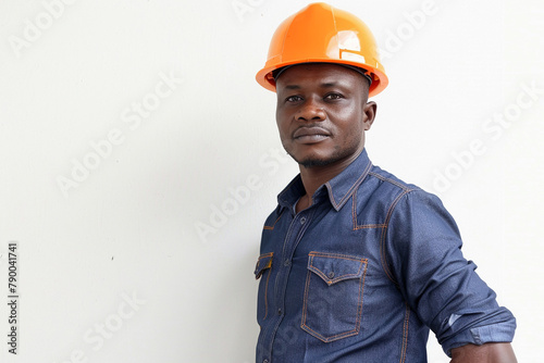 Engineer poseting with hardhat white background.
