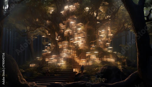 Nestled within a towering tree  a hidden library pulsated with bioluminescent leaves  each glowing inscription whispering forgotten knowledge to curious climbers