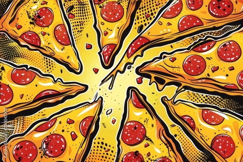 Melted cheese on pepperoni pizza slices, pop art style with yellow dotted background