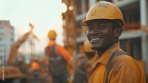Smiling of workers on a construction site at sunlight. Generative AI.