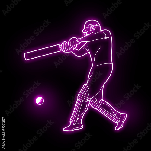 Cricket player neon vector art green, blue, red. Cricket batsman neon art. Cricket Batsman, Neon light effect, full black background. 