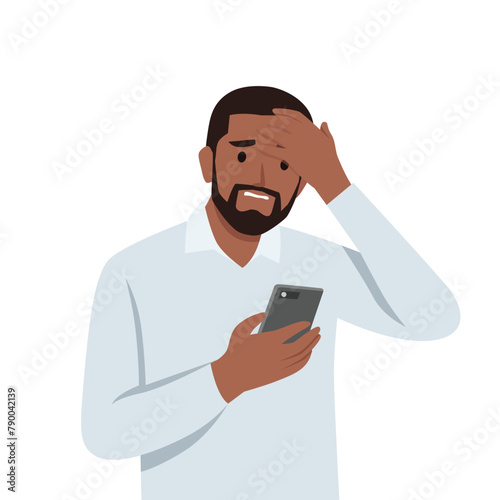 Young man unhappy looking at phone, Feeling nervous of bad confused and disappointed. Flat vector illustration isolated on white background