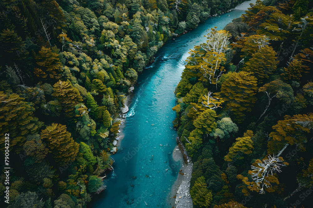Aerial view of the river in the autumn forest. Drone photography. Generative AI