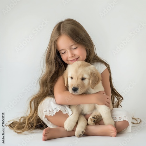 A young girl gently hugs her fluffy puppy, both looking content and at peace