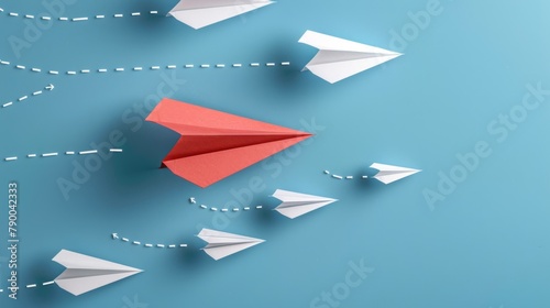 A Red Paper Plane Leading White Ones