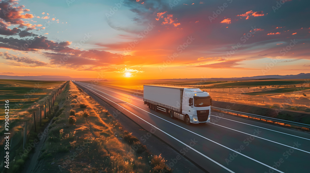Semi-truck driving on highway under vibrant sunset sky, symbolizing transportation industry and travel. Semi-truck driving on highway under vibrant sunset sky, symbolizing transportation industry and travel.
