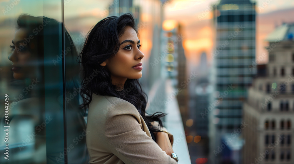  South Asian businesswoman in a pantsuit, leaning against a glass wall overlooking a bustling cityscape