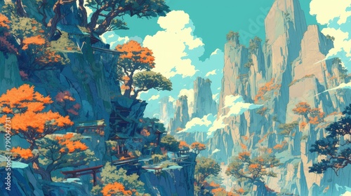A vibrant cartoon scene unfolds before your eyes boasting lush trees towering mountains and vivid orange flowers