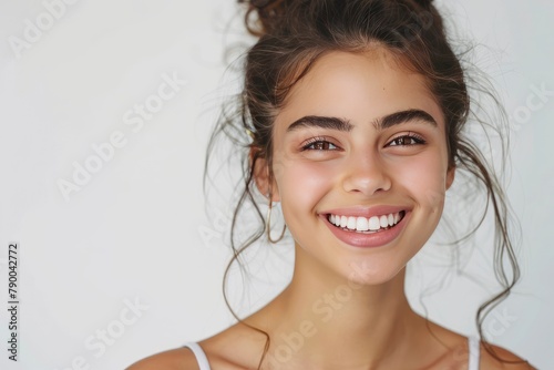 Beautiful smile of young woman with healthy white teeth on white background, Dental care. Dentistry concept - generative ai © Nia™