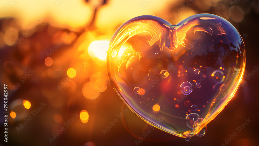 A heart shape soap bubble floating with sunset on background. - obrazy, fototapety, plakaty 