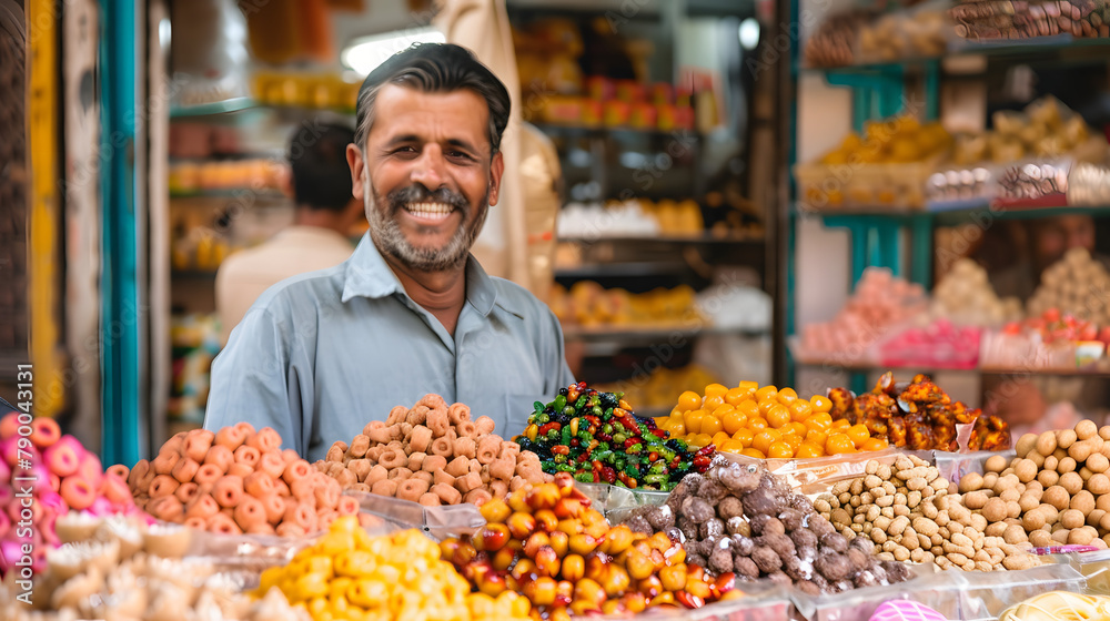 Smiling man selling a vibrant assortment of sweets at a market stall, showcasing a variety of colors and shapes. Smiling man selling a vibrant assortment of sweets at a market stall, showcasing a variety of colors and shapes.