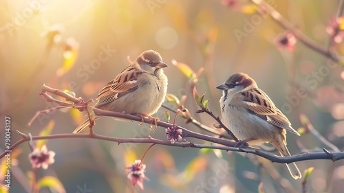 Two birds are sitting on a branch on a spring day