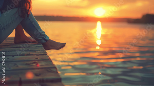A woman sitting on a dock at sunset, her legs dangling over the water as she enjoys the peaceful moment. Shallow depth of field, blurred background