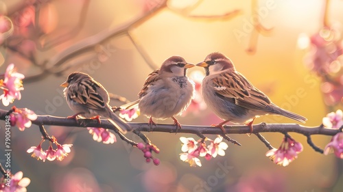 Three birds are sitting on a branch on a spring day photo
