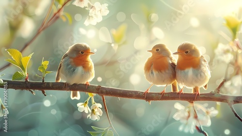 Three birds are sitting on a branch on a spring day