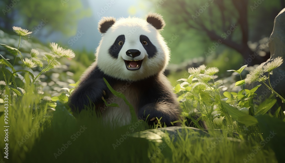 Fototapeta premium A cute panda is sitting in a lush green field of flowers and eating bamboo. The sun is shining brightly and the panda is smiling.