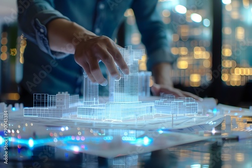 Architect Designer Visualizing Futuristic Building Blueprint and Model on Holographic Workplace Desk in Office Center
