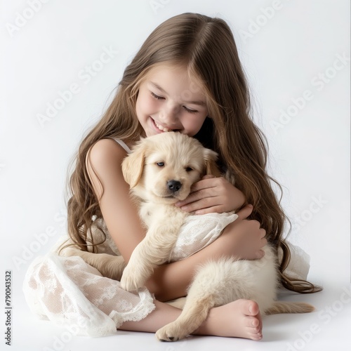 A joyful young girl cuddles with a fluffy golden retriever puppy on a white background.