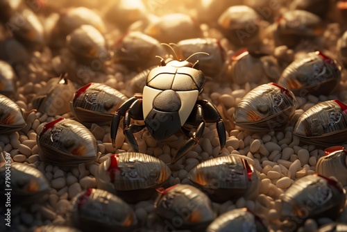 A golden scarab beetle stands out from the crowd of silver beetles. photo