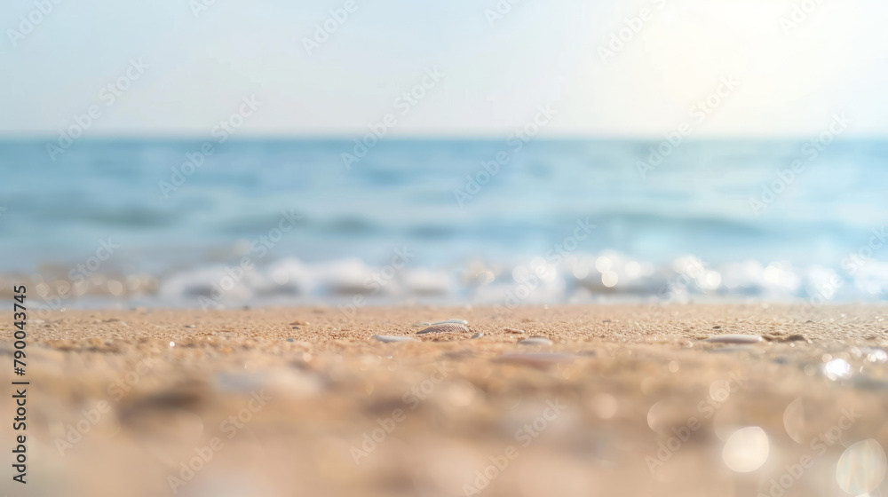 Simple, blurry background of a sandy beach and calm sea.