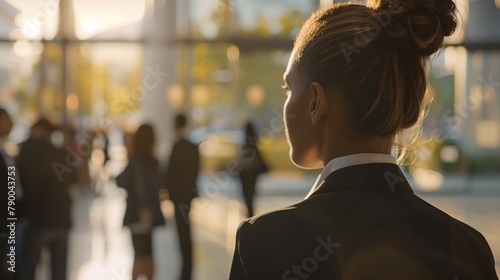 Young Professional Woman Overlooking a Busy Corporate Atrium at Sunset