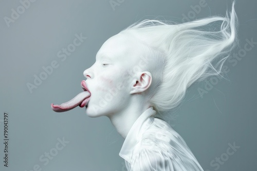Albino woman with long white hair and a playful expression sticking out her tongue