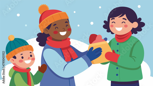 A child joyfully receiving a warm hat and gloves from a community Winter Warmth Drive as their family struggles to stay warm during the harsh