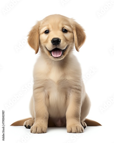 A photo of a golden retriever puppy sitting down and looking at the camera with a happy expression on its face.