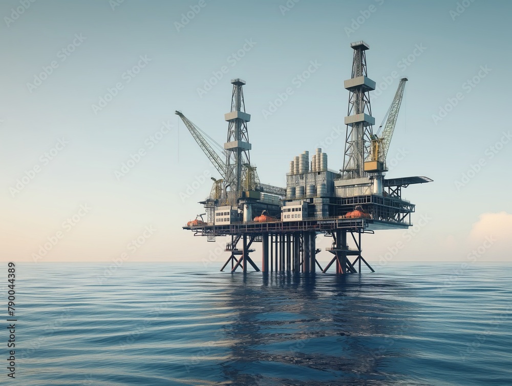 An oil platform stands in calm blue sea with clear skies, symbolizing energy industries and maritime operations.