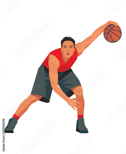 Korean basketball player in red shirt stand with the ball in hs hand and performs a crossover jab