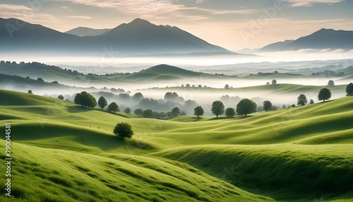 A lush green meadow with rolling hills and mountains in the background, shrouded in mist