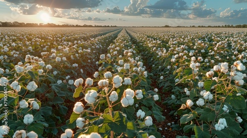 Cotton farm during harvest season. Field of cotton plants with white bolls. Sustainable and eco-friendly practice on a cotton farm. Organic farming. Generative AI. photo
