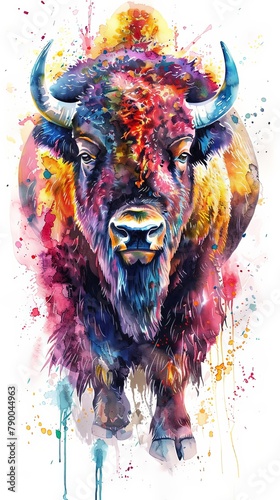 Bison portrait decoration design vertical portrait of wild animal in colorful watercolor photo