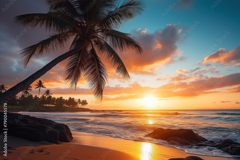 Coconut palm tree on a tropical beach at sunset in Sri Lanka
