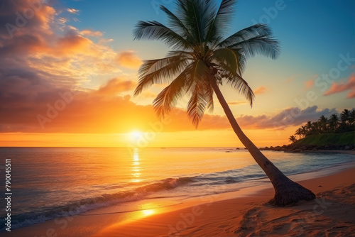 Beautiful sunset on the tropical beach with palm trees and sand.