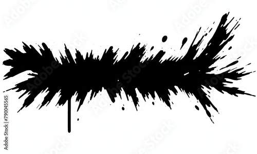 A large black brush stroke with splatters across a white background