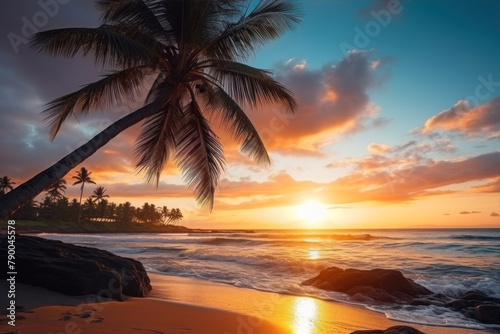 Coconut palm tree on a tropical beach at sunset in Sri Lanka