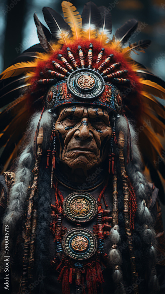 Native american indian chief with traditional headdress and feathers.