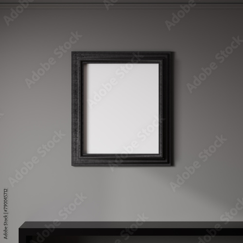 Black frame mockup on gray wall, empty poster frame mock up, 3d rendering