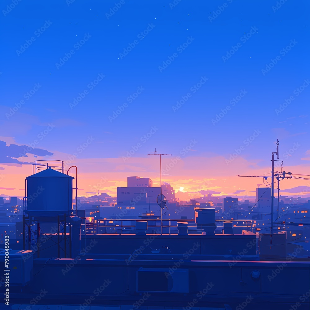 Captivating Simplified City Rooftop View at Sunrise with Vibrant Colors and Mood