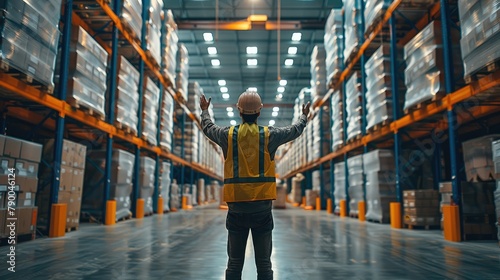 Warehouse worker standing back. He is located in the center of the frame. Generative AI.