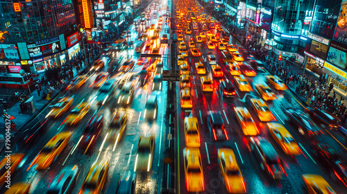 Night Traffic on Busy City Streets, Blurred Motion of Cars, Vibrant Urban Life in Action, Modern Cityscape